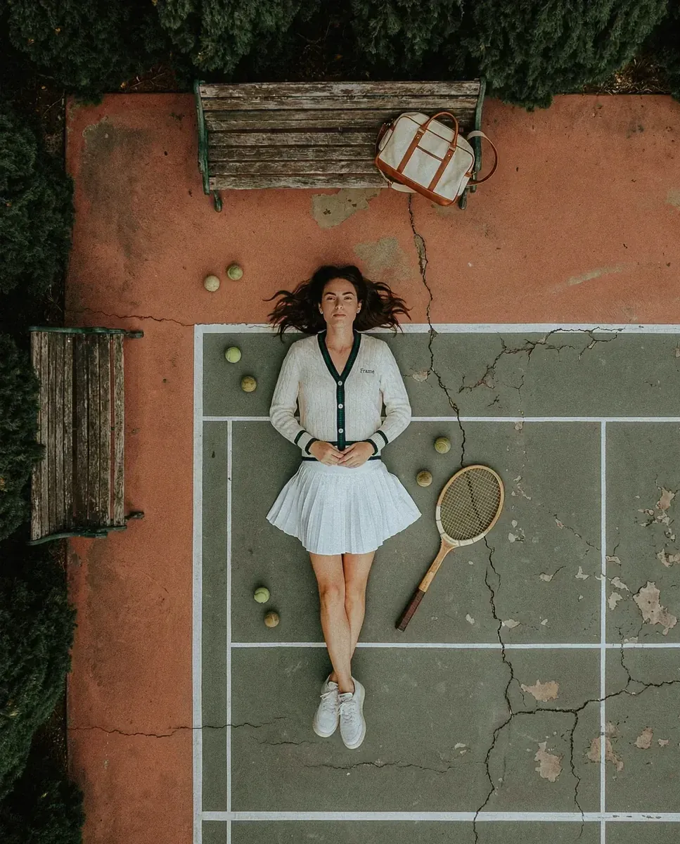 Vue drone court tennis vintage old money, campagne IA — Trendy Colors