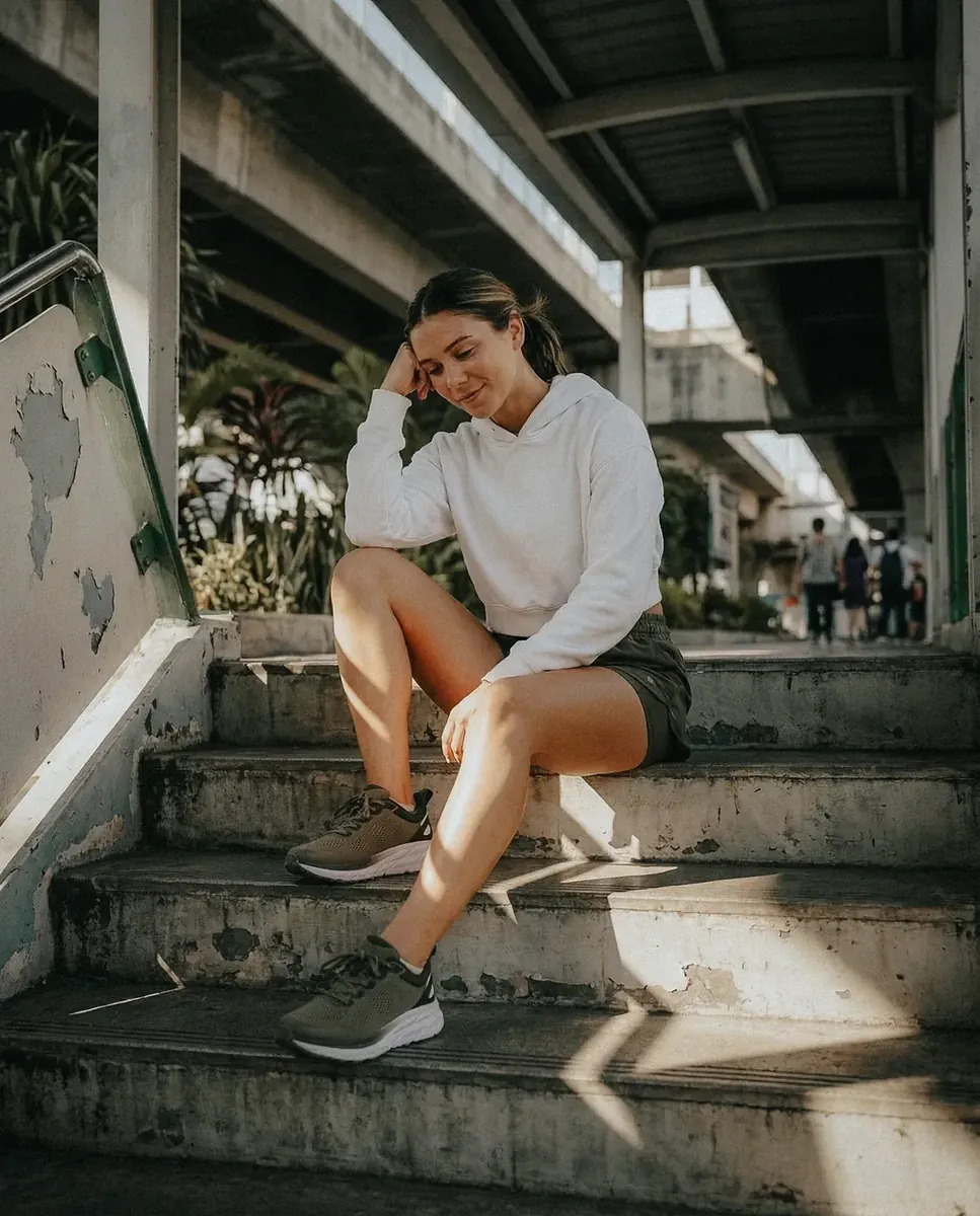 Éditorial femme assise marches béton sneaker, lifestyle urbain IA Bangkok — Trendy Colors