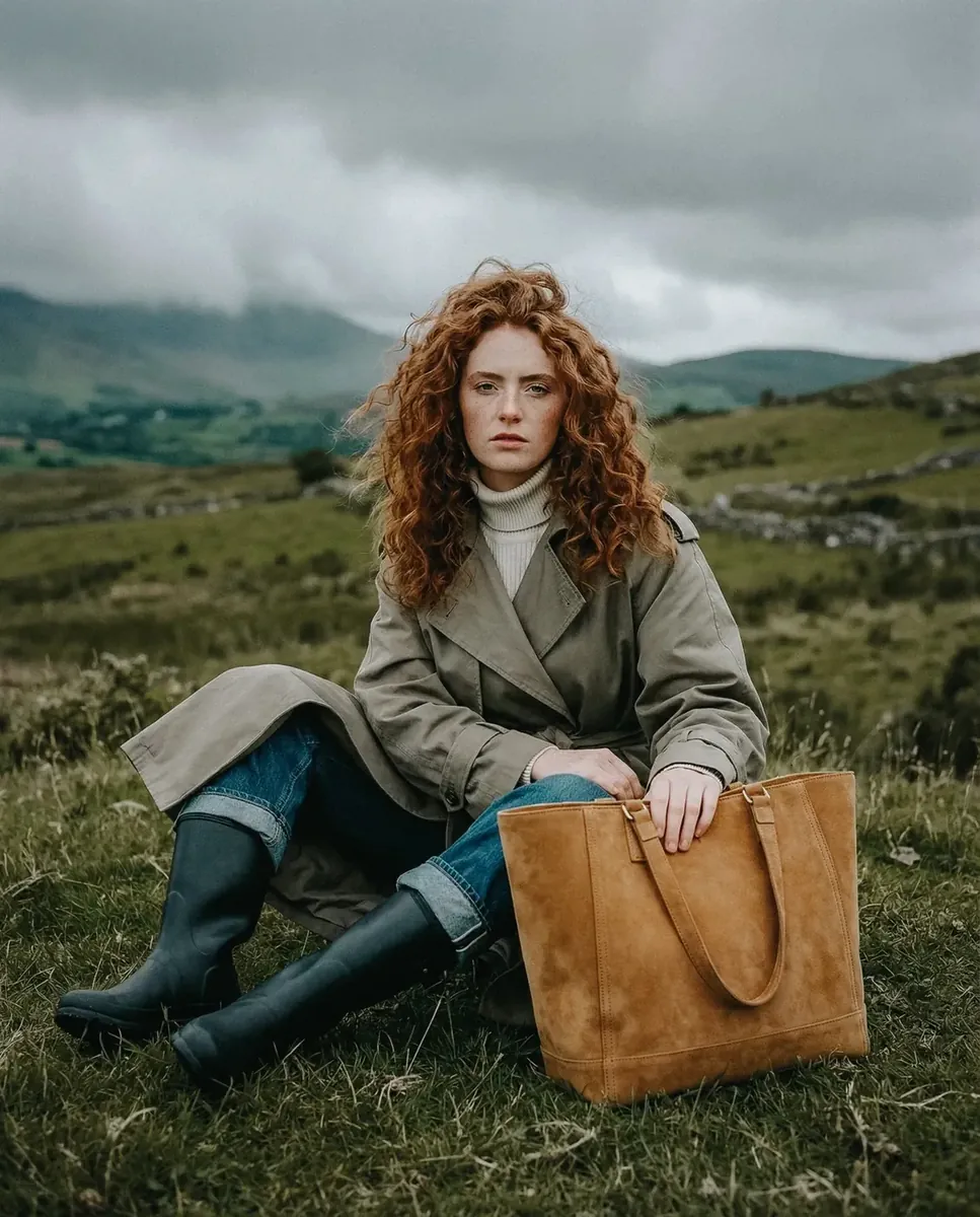 Éditorial lifestyle femme tote bag cuir fauve highlands brumeux, campagne IA — Trendy Colors