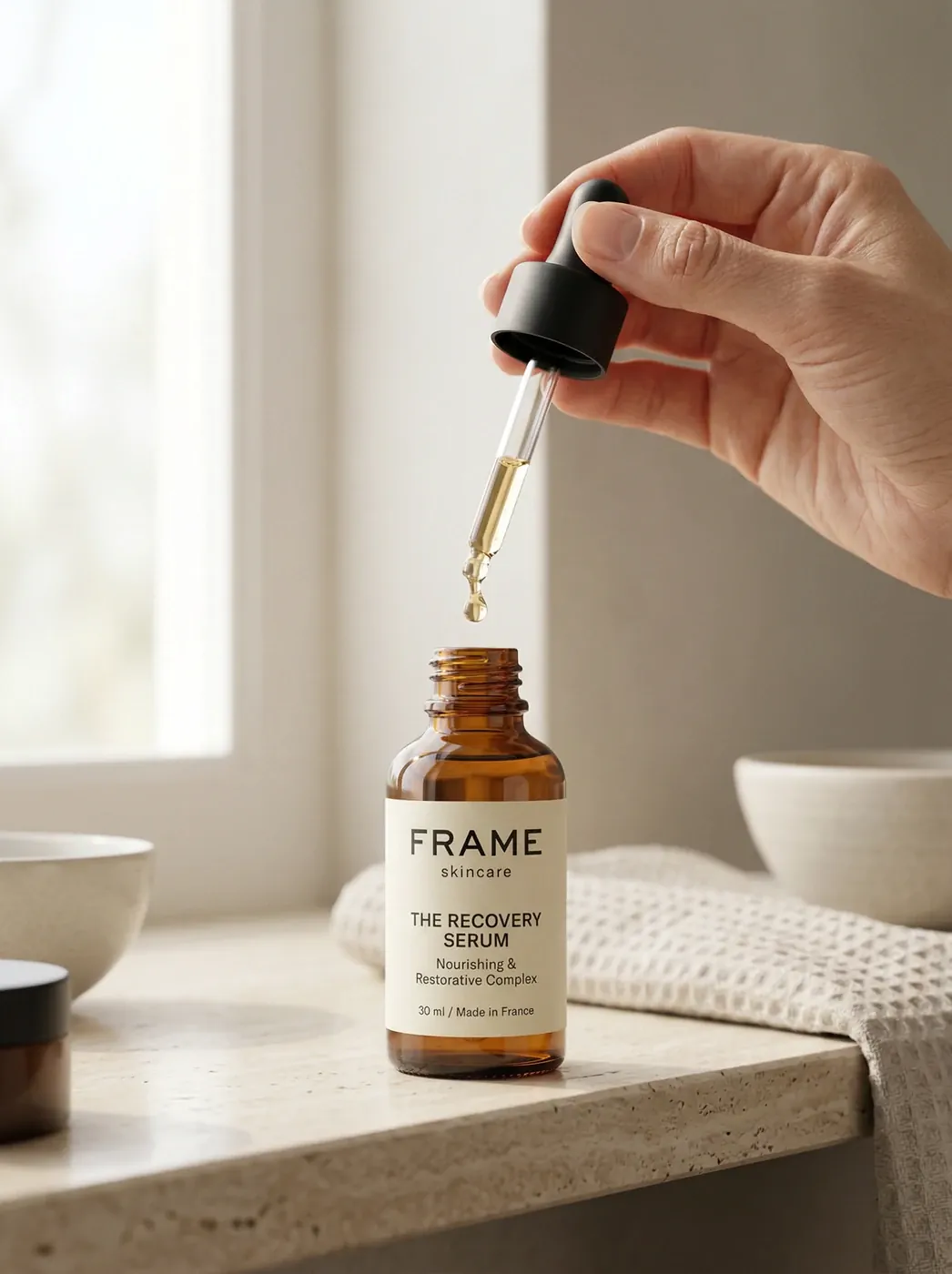 Focus application sérum visage sur peau tachée de rousseur, campagne beauté 100% IA — Trendy Colors