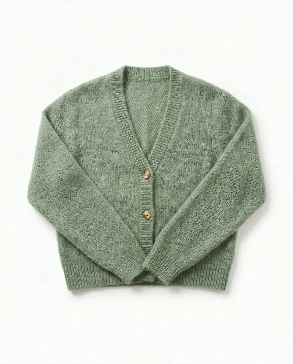 Visuel produit IA — cardigan lifestyle éditorial, production Trendy Colors