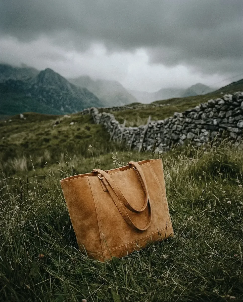 Still life tote bag cuir suédé fauve highlands, campagne IA — Trendy Colors